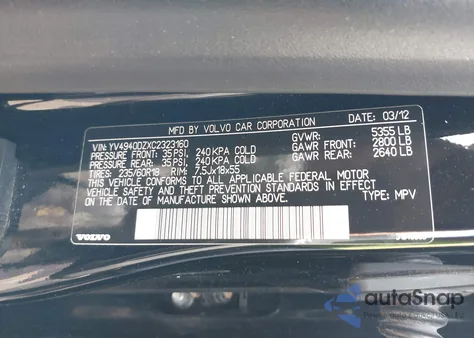 2012 Volvo Xc60 3.2/3.2 Platinum/3.2 Premier/3.2 Premier Plus z USA, uszkodzony, nr VIN YV4940DZXC2323160